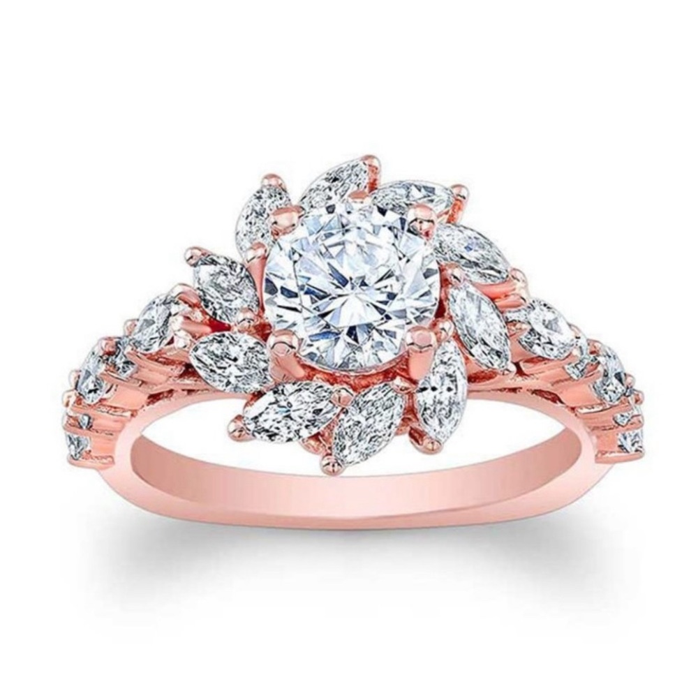 NEW Rose Gold Marquis Round Diamond Flower Ring